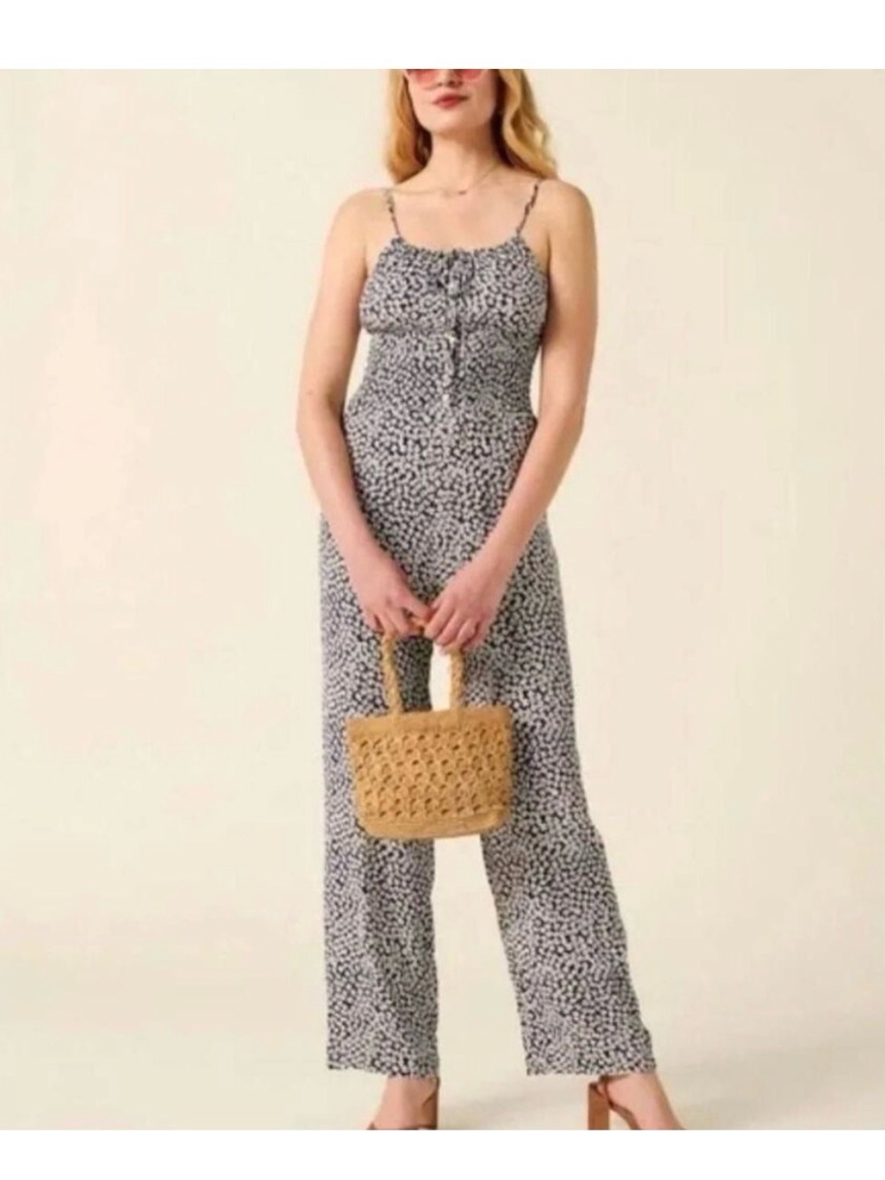 Rouje Doriane Floral Tie-Front Jumpsuit in White & Navy